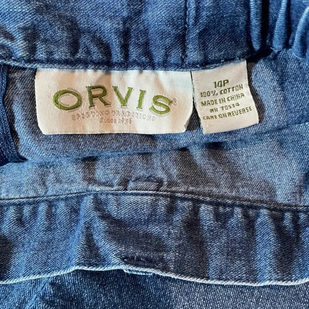 Orvis Womens Blue Denim Mini‎ Skirt High Rise Raw Hem Elastic Back 14P Med Wash